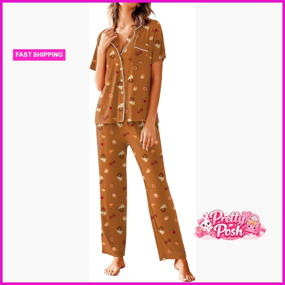 Soft Polyester Spandex Pajama Set Short Sleeve Button Down Nightwear